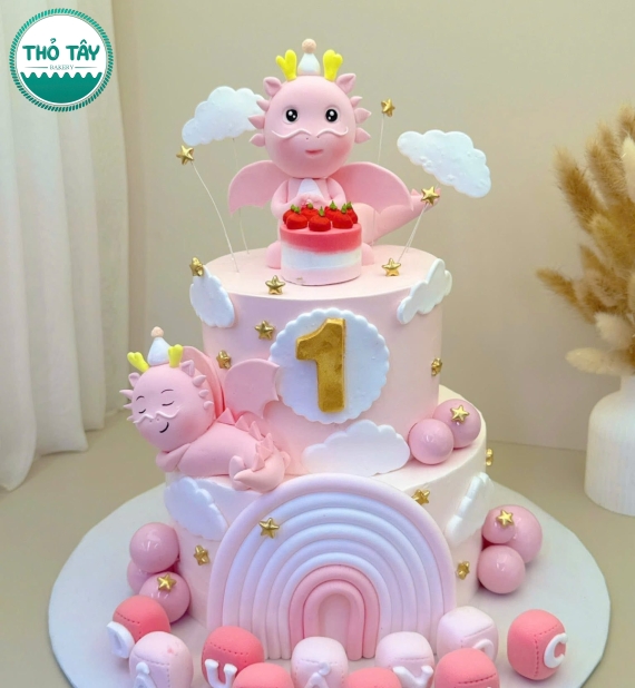 Bánh fondant thôi nôi bé gái màu hồng pastel – Thiết kế 3D dễ thương