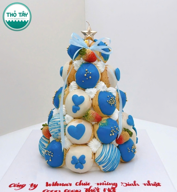 Tháp Bánh donut mừng bé trai tone xanh