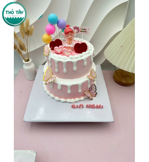 Bánh kem dành cho sinh nhật bé gái 2 tầng tone hồng 